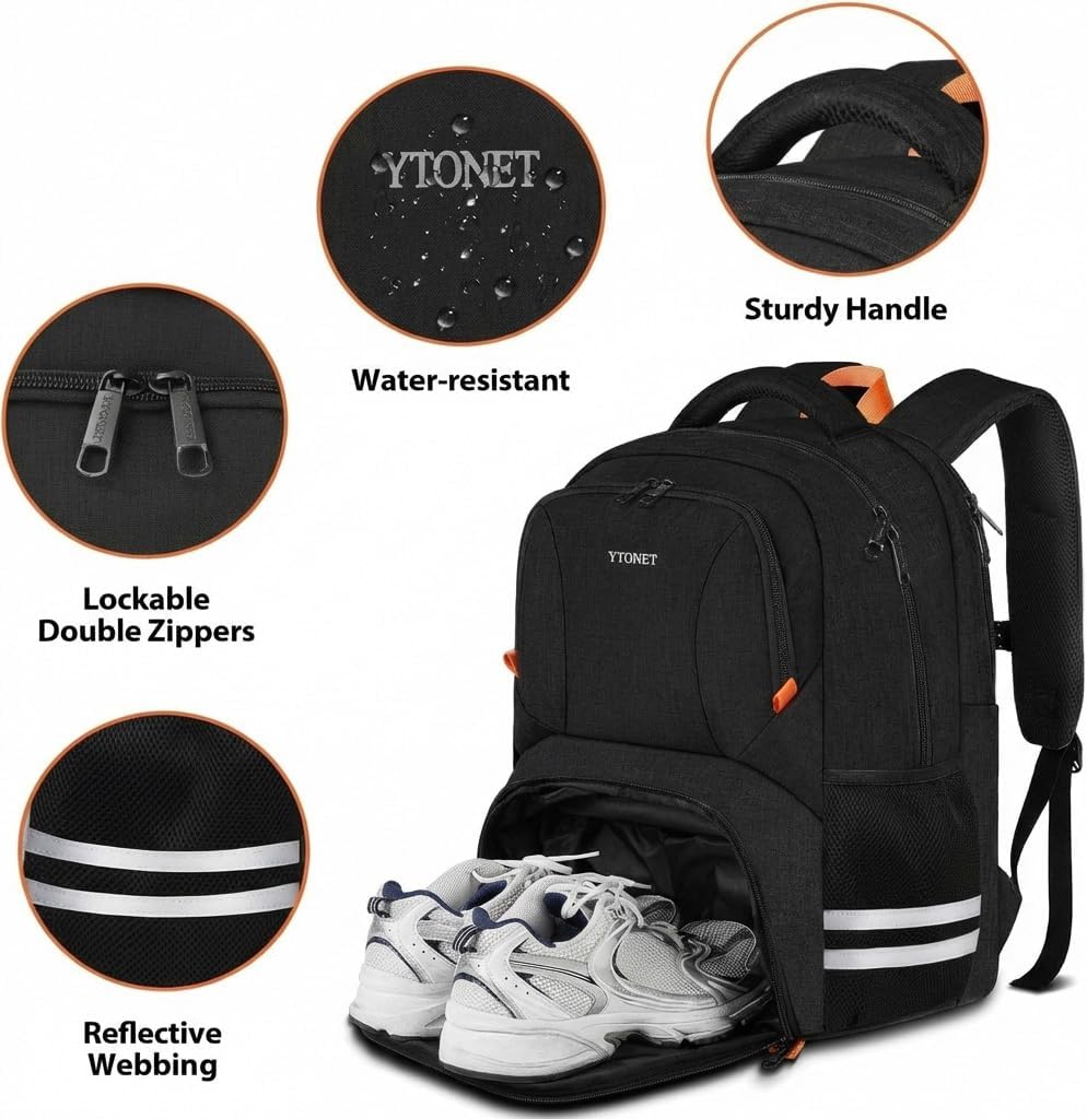 Ytonet Gym Backpack For Men Women, Travel Sports Backpack With Shoe Compartment, Large Workout Water Resistant College Bag Fit 17.3 Inch Laptop, Hiking, Black