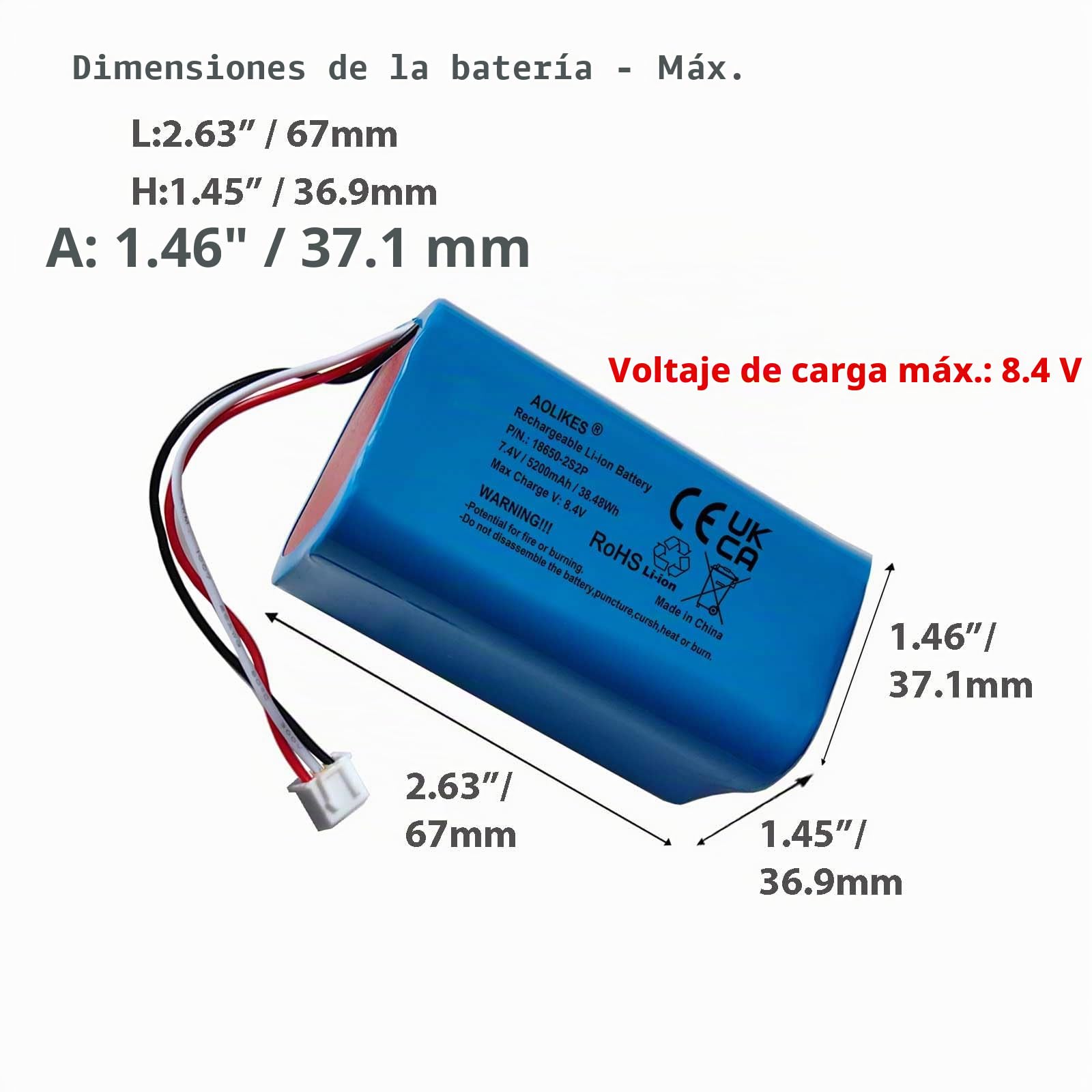 AOLIKES 18650 2s2p 5200mAh 7.4V batería recargable de iones de litio con conector XH2.54/3P conector macho / celdas 5C / admite carga rápida