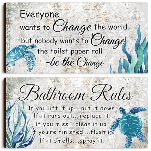 Jetec 2 Pieces Funny Bathroom Signs Bathroom Wall Decor Toilet Wall Accessories Farmhouse Toilet Rustic Wooden Signs, 12x6 Inch(Sea Turtles Style)