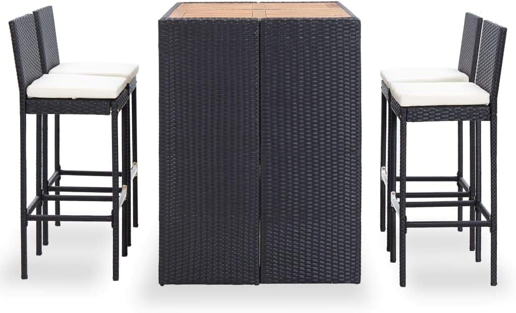 vidaXL 5-Piece Patio Bar Set- Poly Rattan and Acacia Wood Construction, Black - Complete Outdoor Entertainment with Vintage-Styled Table, Elegant Chairs, Cushioned Seats