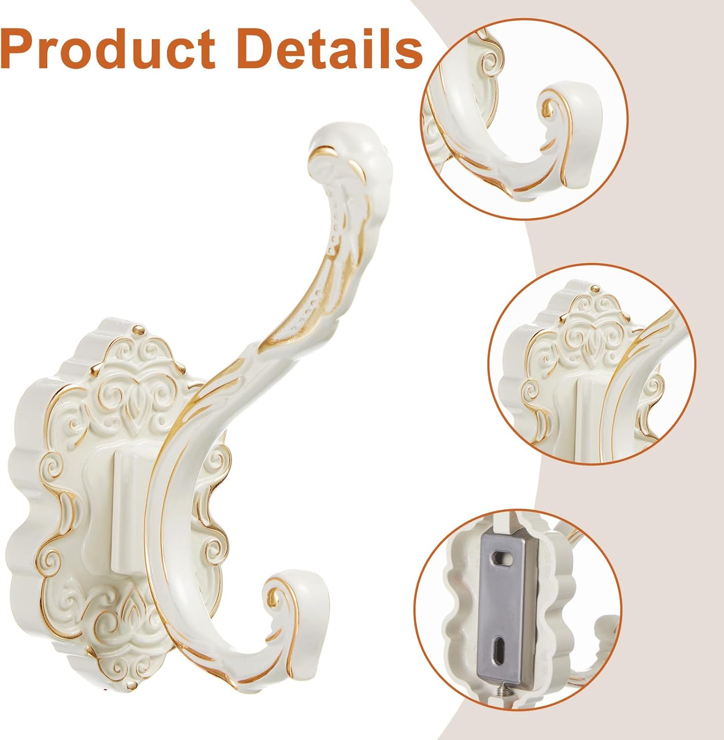 Zonon 4 Pcs White Wall Hooks Set Vintage Coat & Towel Hooks for Entryway, Bathroom, Bedroom Decorative Heavy Duty Wall Mounted Unique French Country Curtain Holder for Keys, Hats Bags, Clothes