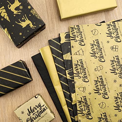 Whaline Christmas Tissue Paper Black Gold Wrapping Paper Tree Reindeer Striped Gift Wrapping Tissue Paper Merry Christmas Art Paper Crafts For Home Diy Gift Bags New Year Decor, 90 Sheets #TOP2