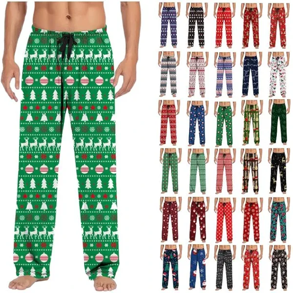 Mens's Christmas Pajama Pants Funny Xmas Pjs Bottoms Flannel Elastic Waist Sleep Lounge Trousers Holiday Sleepwear Gifts