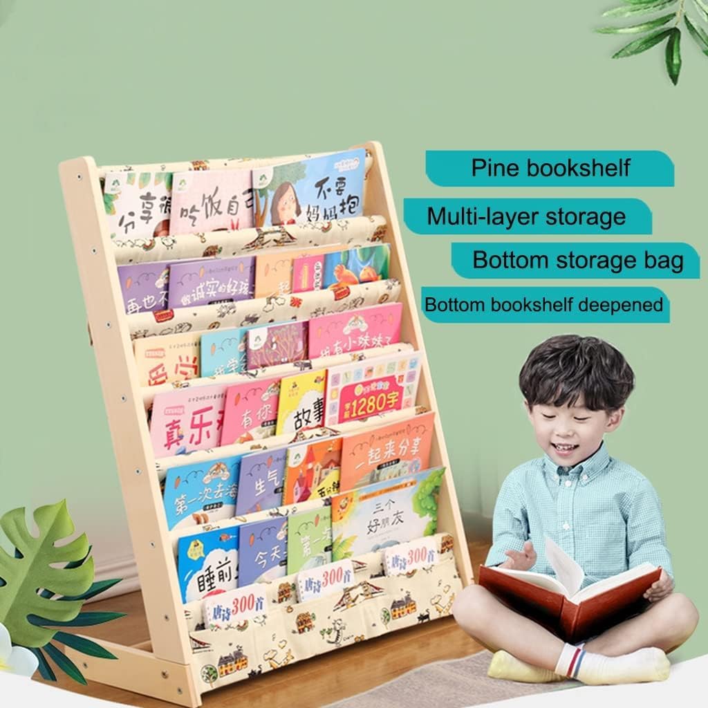 HEYOUTH Scaffale Libri Montessori per Bambini in Legno, 75x30x79 cm con 6 Tasche di Tessuto, Libreria Aperta per Conservare ed Esporre Libri e Giocattoli (Animal style)