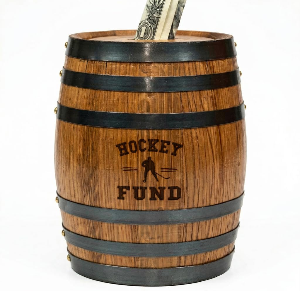 Thousand Oaks Barrel Co. Handmade Wooden Oak Barrel Adult Piggy Bank - Money Saver for Real Cash, Bills & Coins - Large 6.5 x 4.5 x 4.5 inches with 'Hockey Fund' Engraving - Piggy Banks for Adults