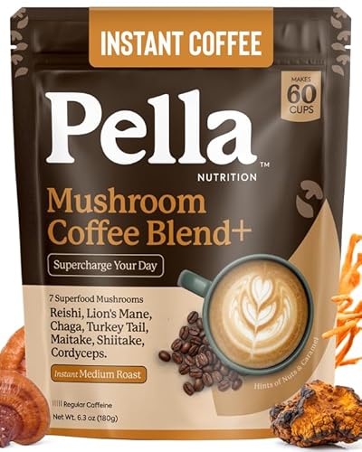 Pella Nutrition Mushroom Coffee – Lions Mane, Reishi, Chaga, Cordyceps, Shiitake, Maitake, and Turkey Tail Mushroom Supplement – Superfood Instant Coffee for Focus & Energy (Regular Caffeine, 60 Cups)