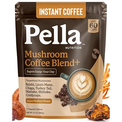 Pella Nutrition Mushroom Coffee Lions Mane, Reishi, Chaga, Cordyceps, Shiitake, Maitake, and Turkey Tail Mushroom Supplement Superfood Instant Coffee for Focus & Energy (Regular Caffeine, 60 Cups)