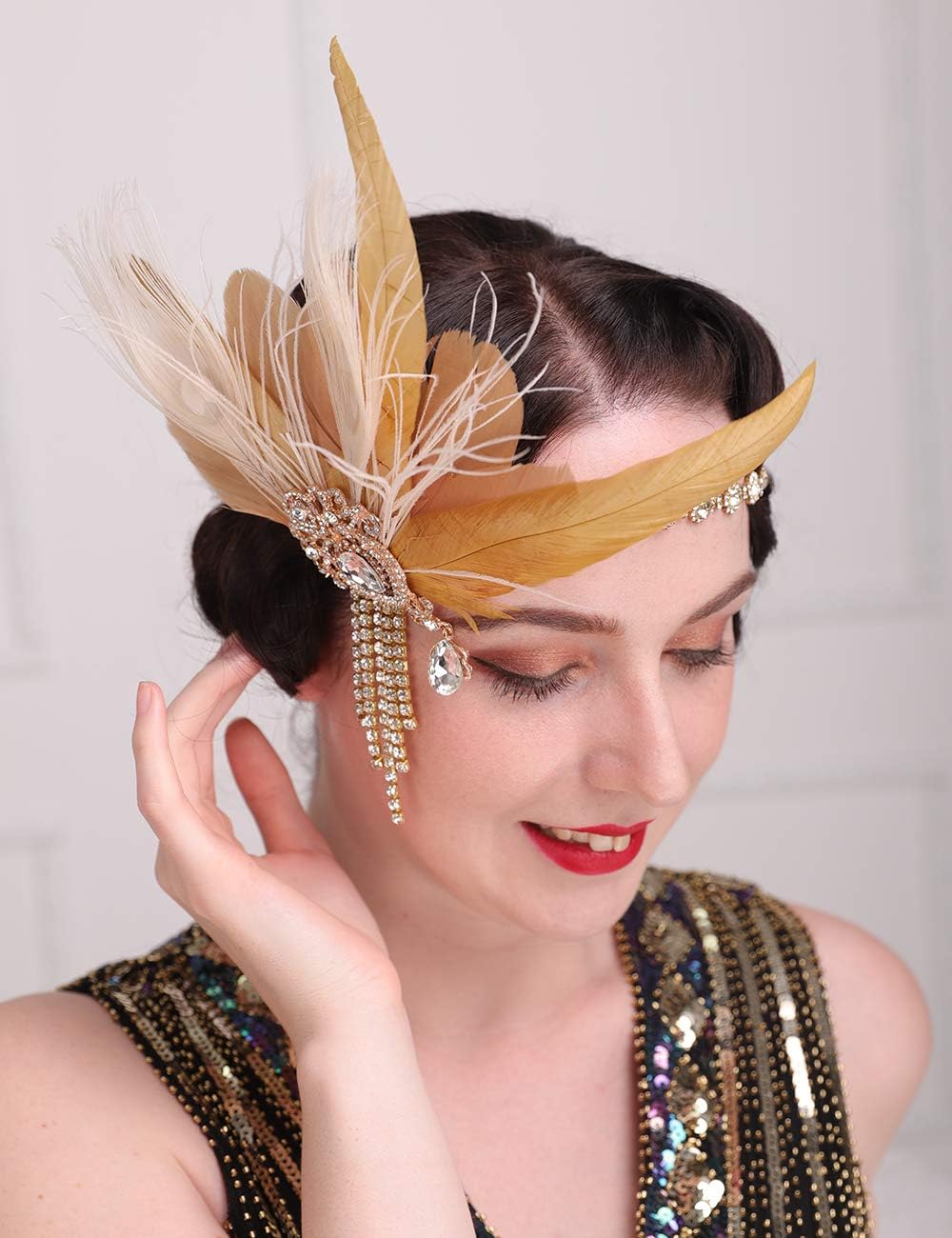 Teyglen 1920s Flapper Feather Headband Roaring 20s Feather Headpiece Vintage Champagne Flapper Headpiece Rhinestone Costume Hair Accessories for Women - Image 2