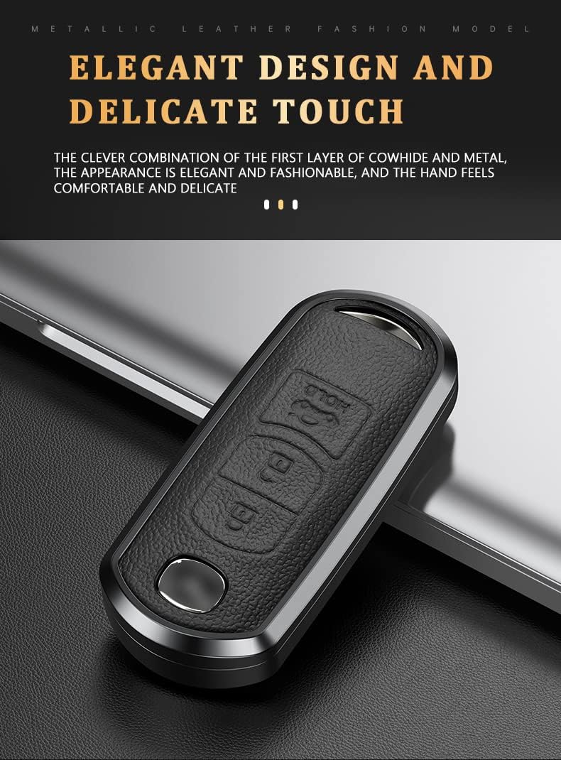 KUNIO Car Key Fob Cover fit for 3 5 6 CX-3 CX-5 CX5 CX-7 CX-9 CX8 Speed Miata MX5 2015-2019 Aluminium Alloy Leather Key Cover Key Case 3 Buttons White