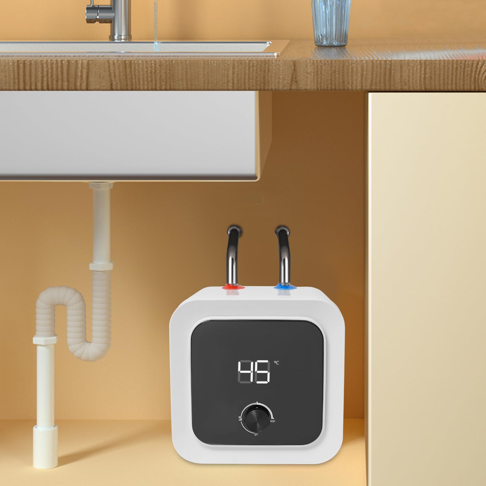 Scaldabagno elettrico istantaneo 8L sottopiano, serbatoio acqua calda 1500W con regolatore di temperatura tubi riscaldanti in acciaio inox 316, scaldabagno per cucina e bagno, protezione IPX4, bianco