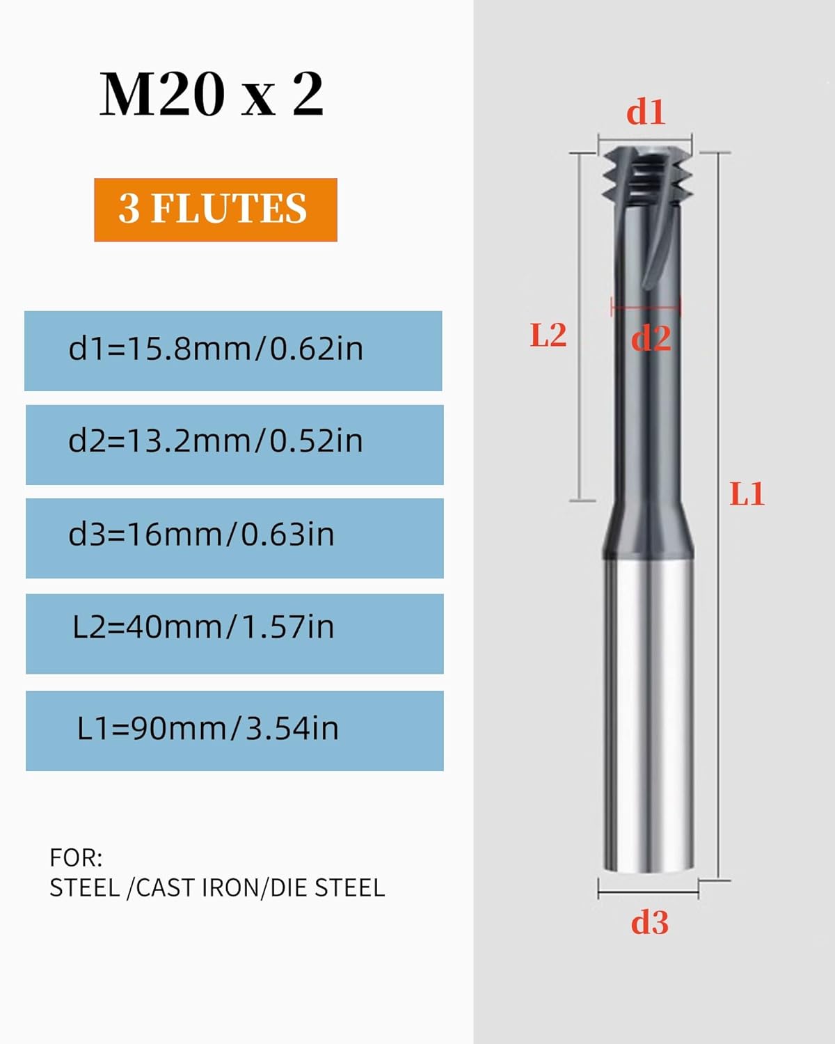 3 Flutes Solid Carbide Thread end Mill AlCrN Coated, 0.55in Cutting Diameter, Necked to Thread 1.57in Deep, 0.55n Shank Diameter,3.54 in Overall Length