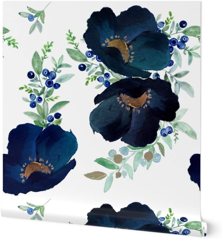 Peel & Stick Wallpaper 9ft x 2ft - Blueberry Blue Purple Gold Floral Flowers Large Print Decor Wedding Custom Removable Wallpaper by Spoonflower