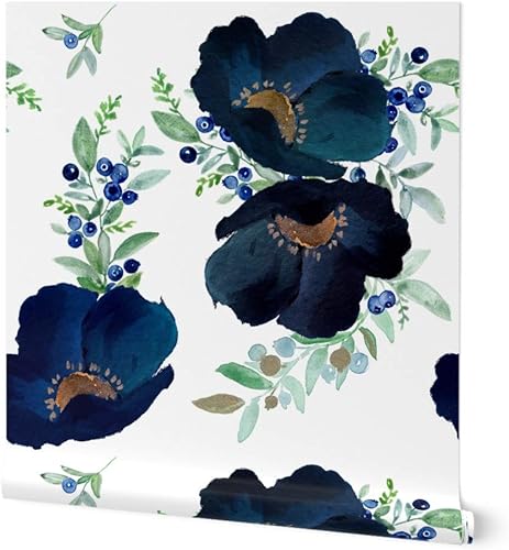 Spoonflower Papel tapiz autoadhesivo de 3 x 2 pies, color azul arándano, morado, dorado, flores florales, estampado grande, decoración de guardería,