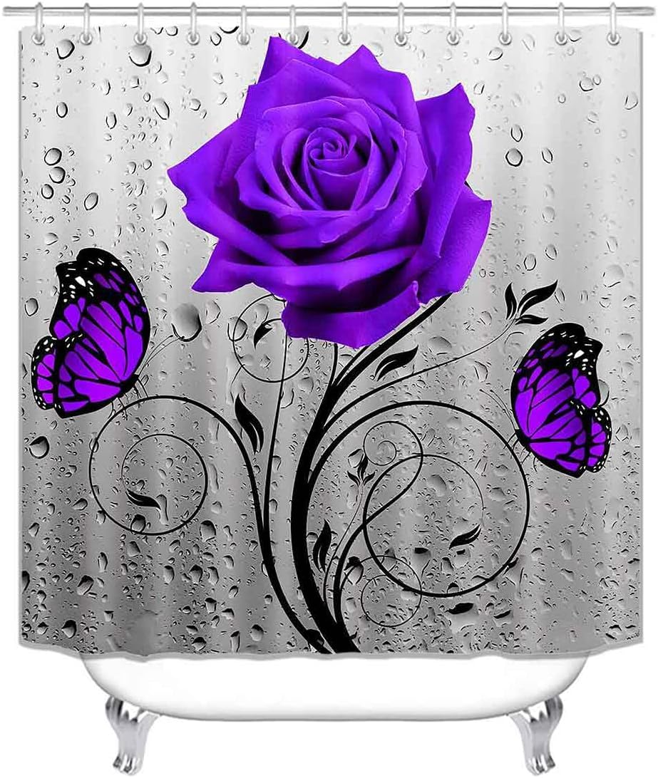 Fashion_Man 4PCS Purple Monarch Butterfly Floral Shower Curtain Sets with Rugs, Grey Shower Curtain, Raindrop Black Botanical Purple Rose Flower Modern Bathroom Decor, Non-Slip Bath Mat Bathroom Rugs