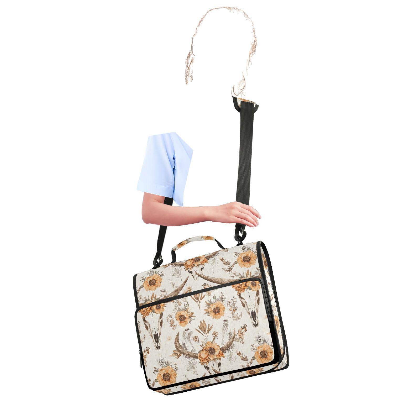 Western Boho Kuh Schädel Blume Reißverschluss Ordner mit Schultergurt Tasche 3 Ring Binder Organizer Große Kapazität Mehrere Fächer für Schule Büro