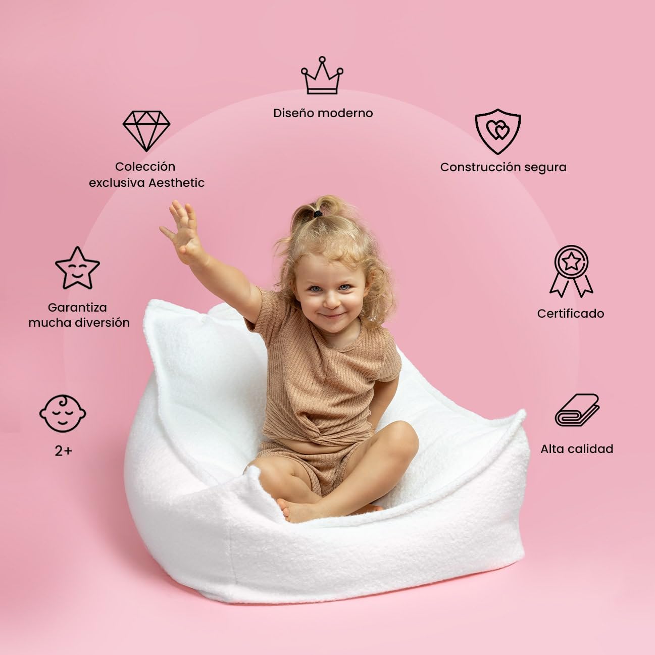MEOWBABY Puff Cuadrado para Niños, Beanbag, Estética Pana, Polvo Rosa