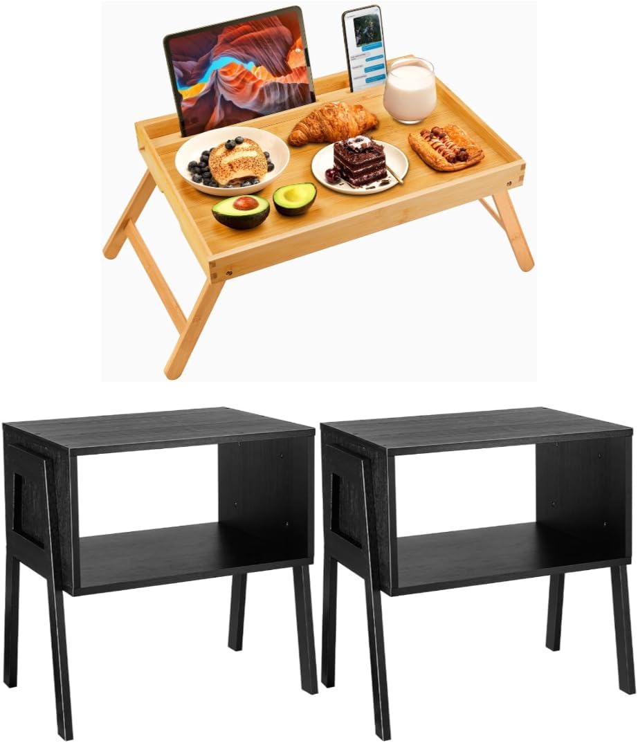 Pipishell Bamboo Stackable End Tables, Bamboo Bed Tray Table, Black