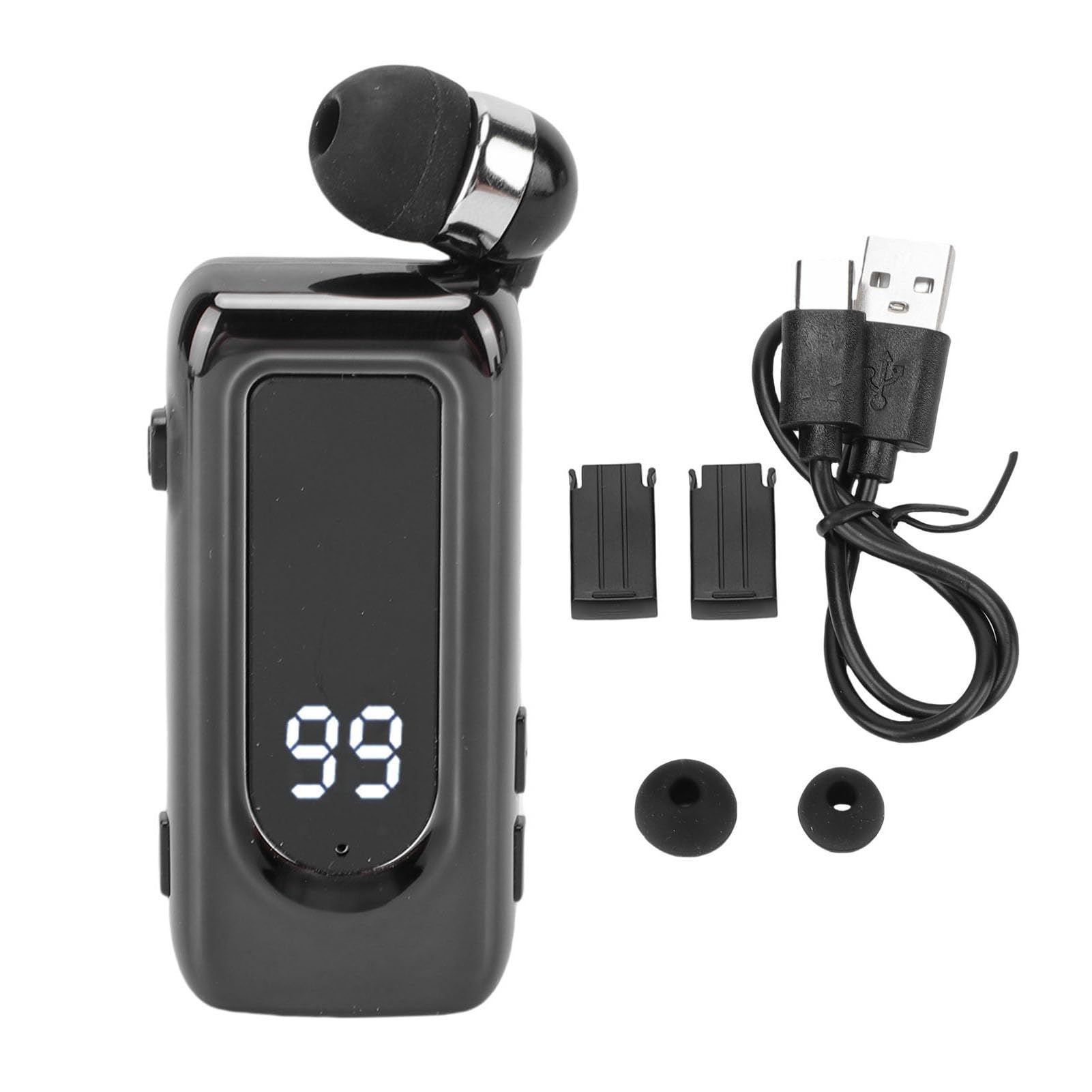Tosuny Cuffie Wireless Retrattili, Cuffie Lavalier Bluetooth 5.4 con Microfono a Cancellazione del Rumore ENC, Display di Alimentazione a LED, Cuffie Intrauricolari Monoorecchio per la (BLACK)