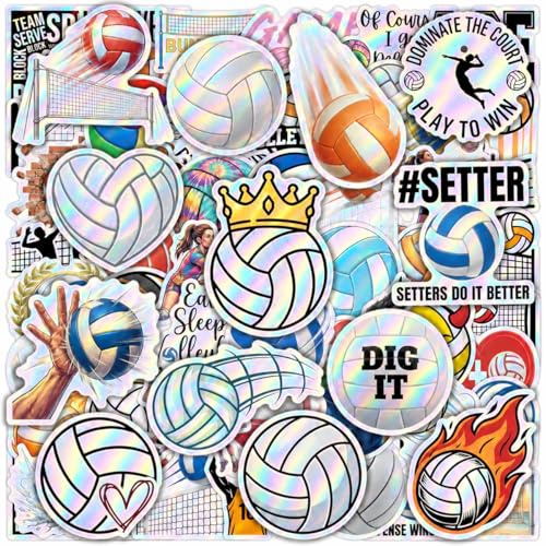 100 Pcs Volleyball Holographic Waterproof Vinyl Stickers for Water Bottle Cool Volleyball Sticker for Adults Kids