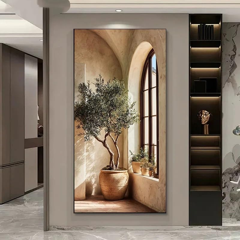 Cuadro para pasillos oscuros con diseño de ventana arqueada y olivo que aporta luminosidad