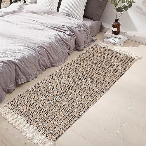 Tomifine Tapis Bohème en Coton Tissé avec Frange, Design Géométrique Moderne Lavable Antidérapant (50x80 cm, Brun)