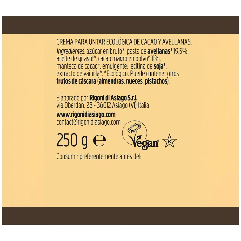 RIGONI DI ASIAGO - Nocciolata Sin Leche, Crema de Cacao y Avellanas Ecológico - 250g