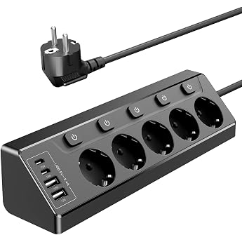 Vipwell Corner Socket with Independent Switch, Power Strip with 4 USB (2 USB C) + 5 Way Socket with Child Lock, 3680 W, 2 m E