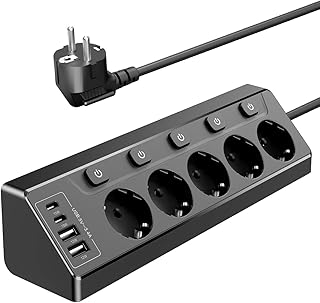 Prise Plan de Travail Cuisine, Multiprises avec 2 Ports USB A et 2 Ports USB C, Multiprise 5 Prises avec Interrupteur, Rallonge Électrique 2m pour Meuble, Canapé, Bureau, Table