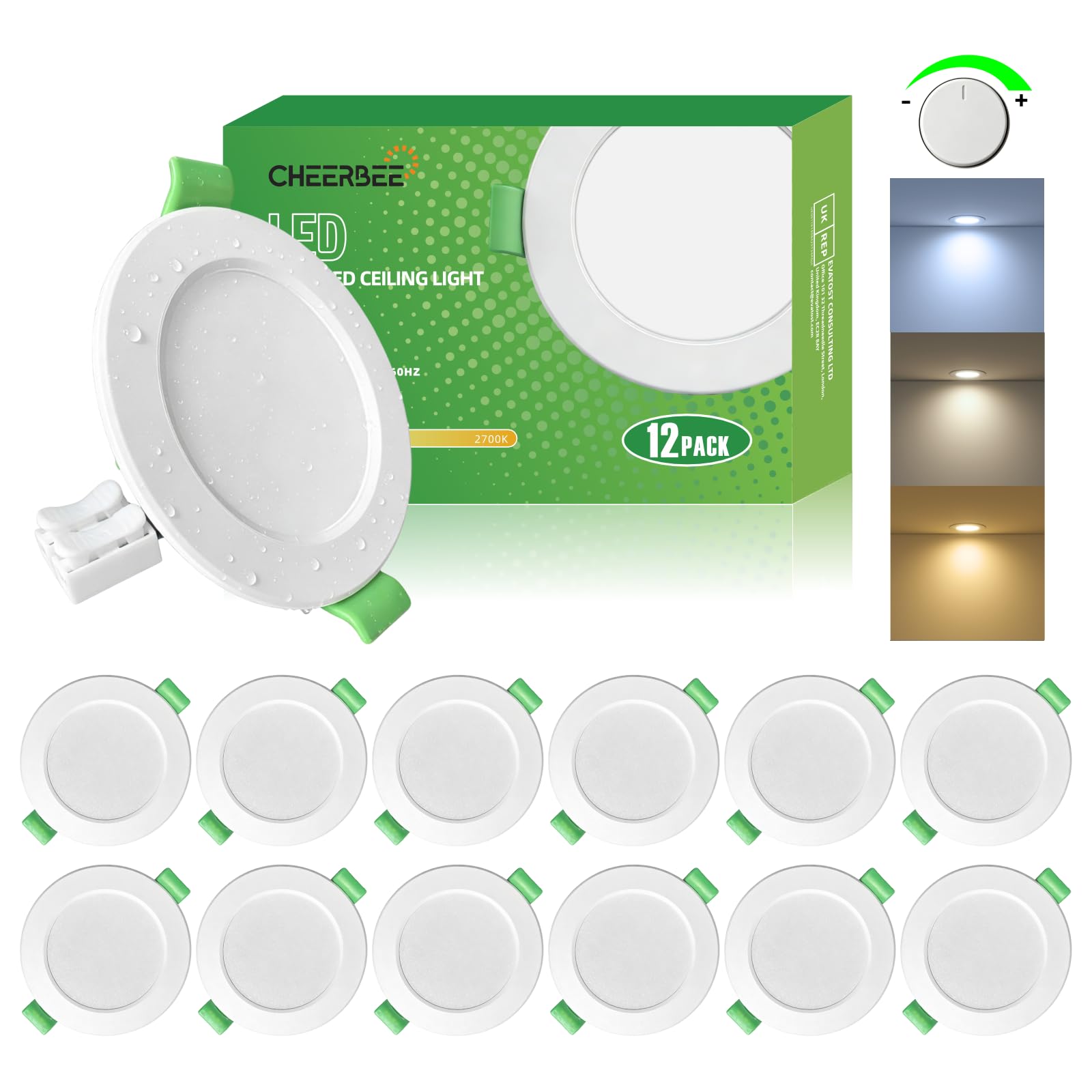LED Einbaustrahler 230V Dimmbar Extra Flach, 3CCT 2700K/4000K/6000K, 3.5W 350LM LED Spots, IP44 für Badezimmer, Lochmaß 55-68mm, Ø78mm Einbauspots für Badezimmer Küche, 12er Set.