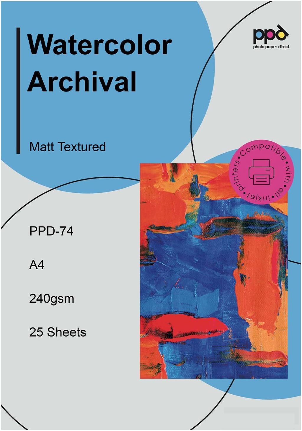 25 Sheets A4 Inkjet Fine Art Watercolour Giclee Archival Matt Photo Paper 240gsm PPD-74-25