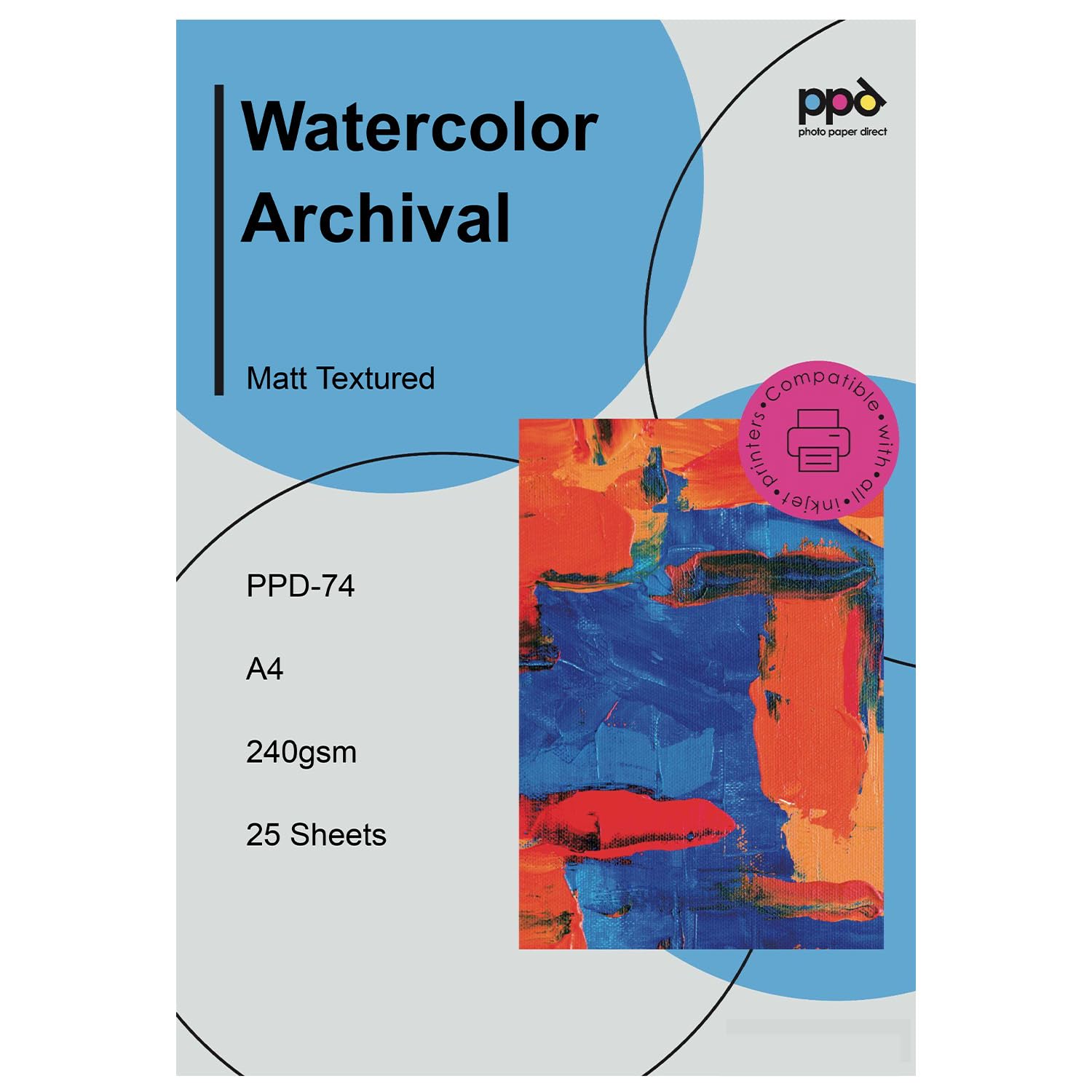 PPD 25 Sheets A4 Inkjet Fine Art Watercolour Giclee Archival Matt Photo Paper 240gsm PPD-74-25