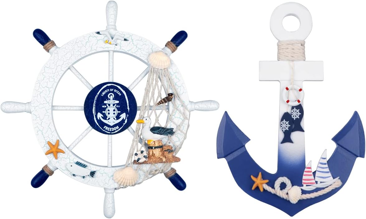 2 Pack 11" Nautical Beach Wooden Ship Wheel and 11" Wooden Anchor with Rope Nautical Boat Steering Wheel Rudder Anchor Wall Art Decor Door Hanging Ornament Beach Theme Home Decoration(White&Blue)