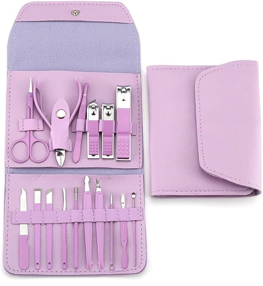 16pcs Nail Cutter Set Stainless Steel Nail Clippers Set with Folding Bag Manicure Cutter Kits Scissors Beauty Tool,Purple