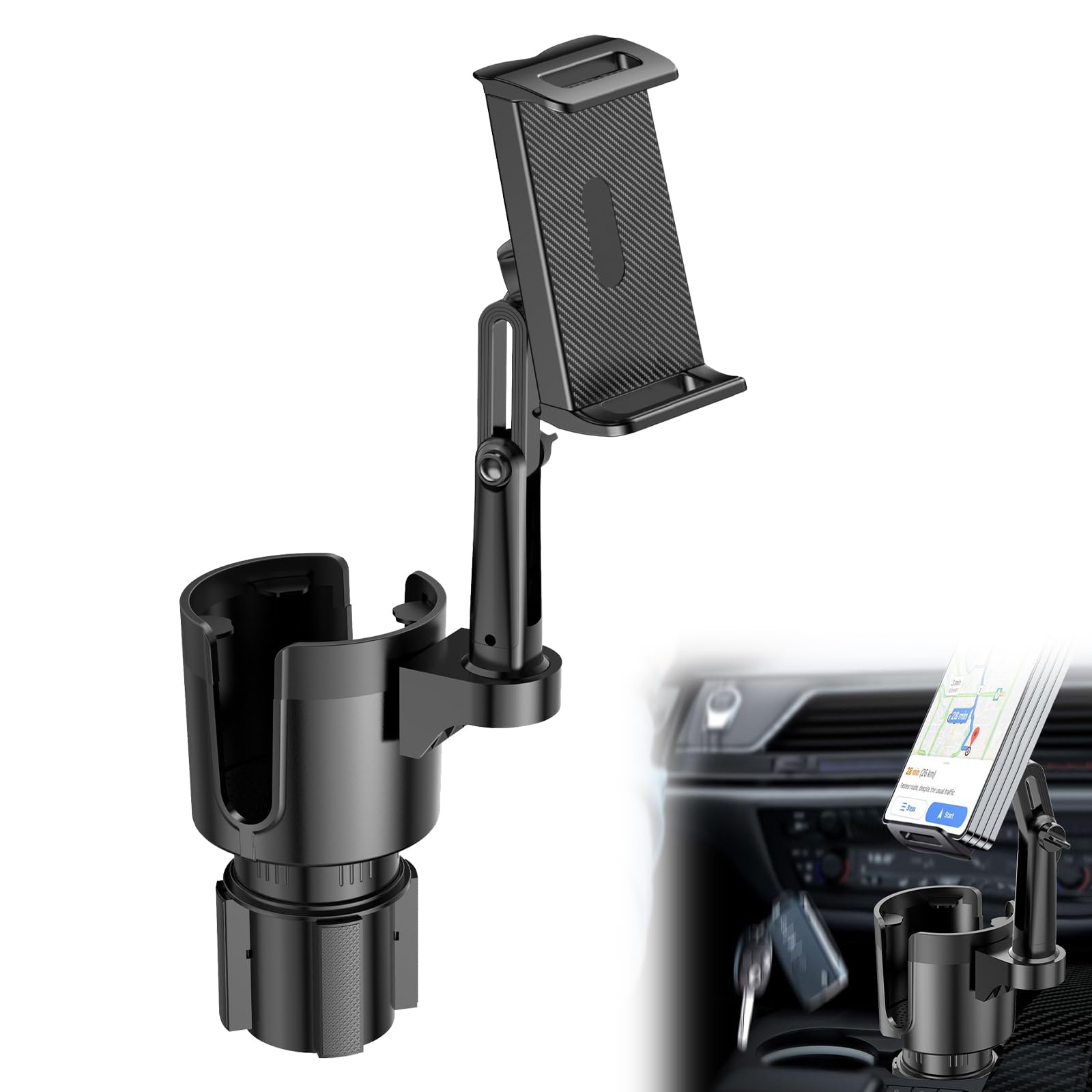 2 in 1 Supporto Tablet Portabicchieri per Auto, Porta Telefono Auto con Braccio Lungo Regolabile, Supporto per Telefono Girevole a 360° Compatibile con Tablet e Smartphone da 6 a 13 Pollici