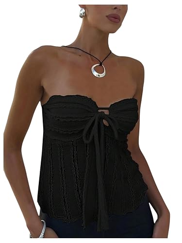 SOLY HUX Women's Tie Front Frill Trim Tube Top Strapless Asymmetrical Going Out Tops - Large - Plain Black