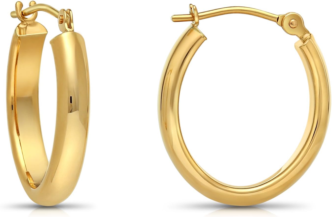 TILO JEWELRY 14k Gold Small Oval Polished Hoop Earrings (0.7 inch Diameter)