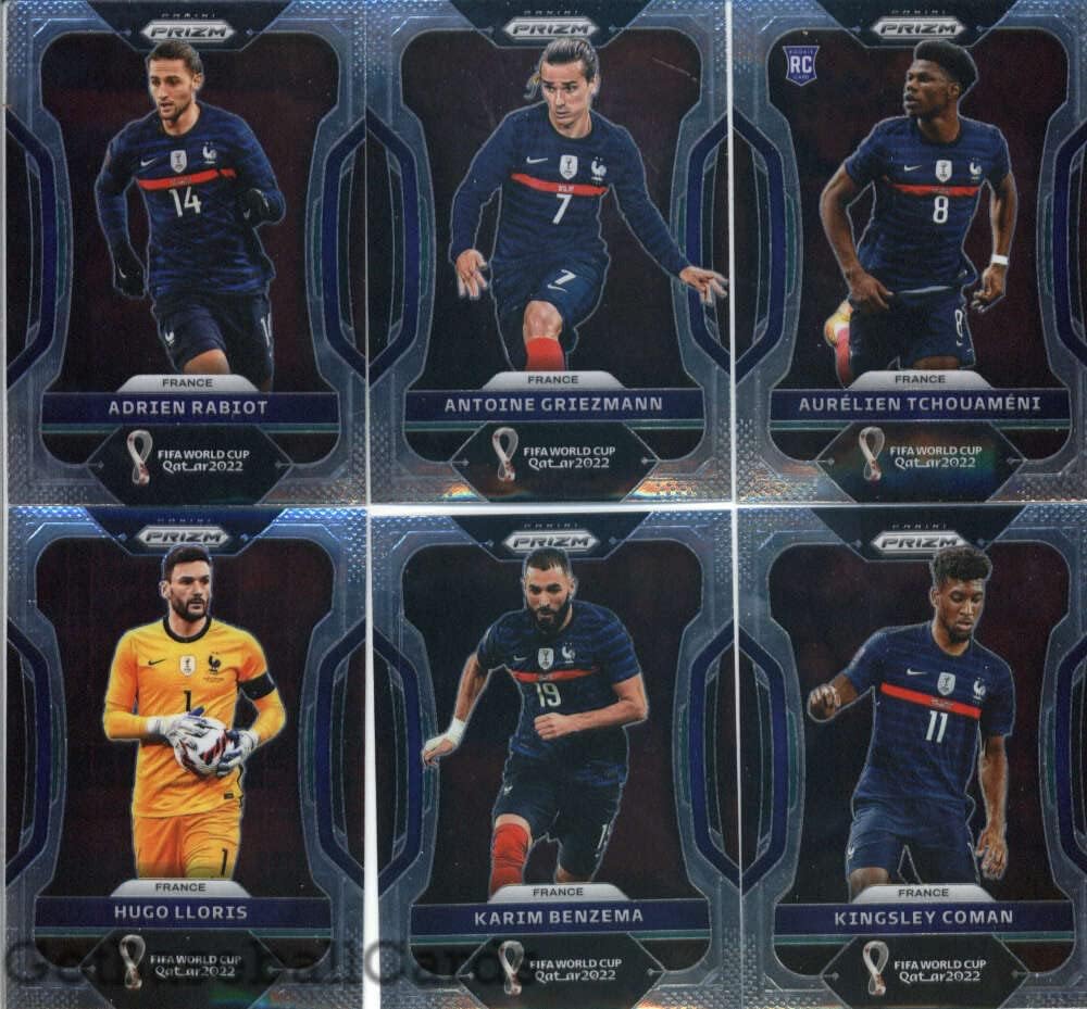 2022 Panini Prizm World Cup Qatar France Team Set of 12 Cards: Adrien Rabiot(#95), Antoine Griezmann(#96), Aurelien Tchouameni(#97), Hugo Lloris(#98), Karim Benzema(#99), Kingsley Coman(#100), Kylian Mbappe(#101), N'Golo Kante(#102), Paul Pogba(#103), Presnel Kimpembe(#104), Raphael Varane(#105), William Saliba(#106) - GotBaseballCards