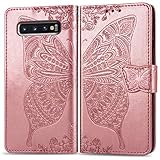 Galaxy S10 Plus Wallet Case, [Butterfly & Flower Embossed] PU Leather Wallet Flip Protective Phone Case Cover with Card Slots and Stand for Samsung Galaxy S10 Plus 6.4 inch 2019 (Rosegold)