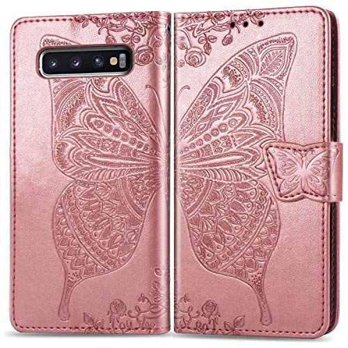Galaxy S10 Plus Wallet Case, [Butterfly & Flower Embossed] PU Leather Wallet Flip Protective Phone Case Cover with Card Slots and Stand for Samsung Galaxy S10 Plus 6.4 inch 2019 (Rosegold)