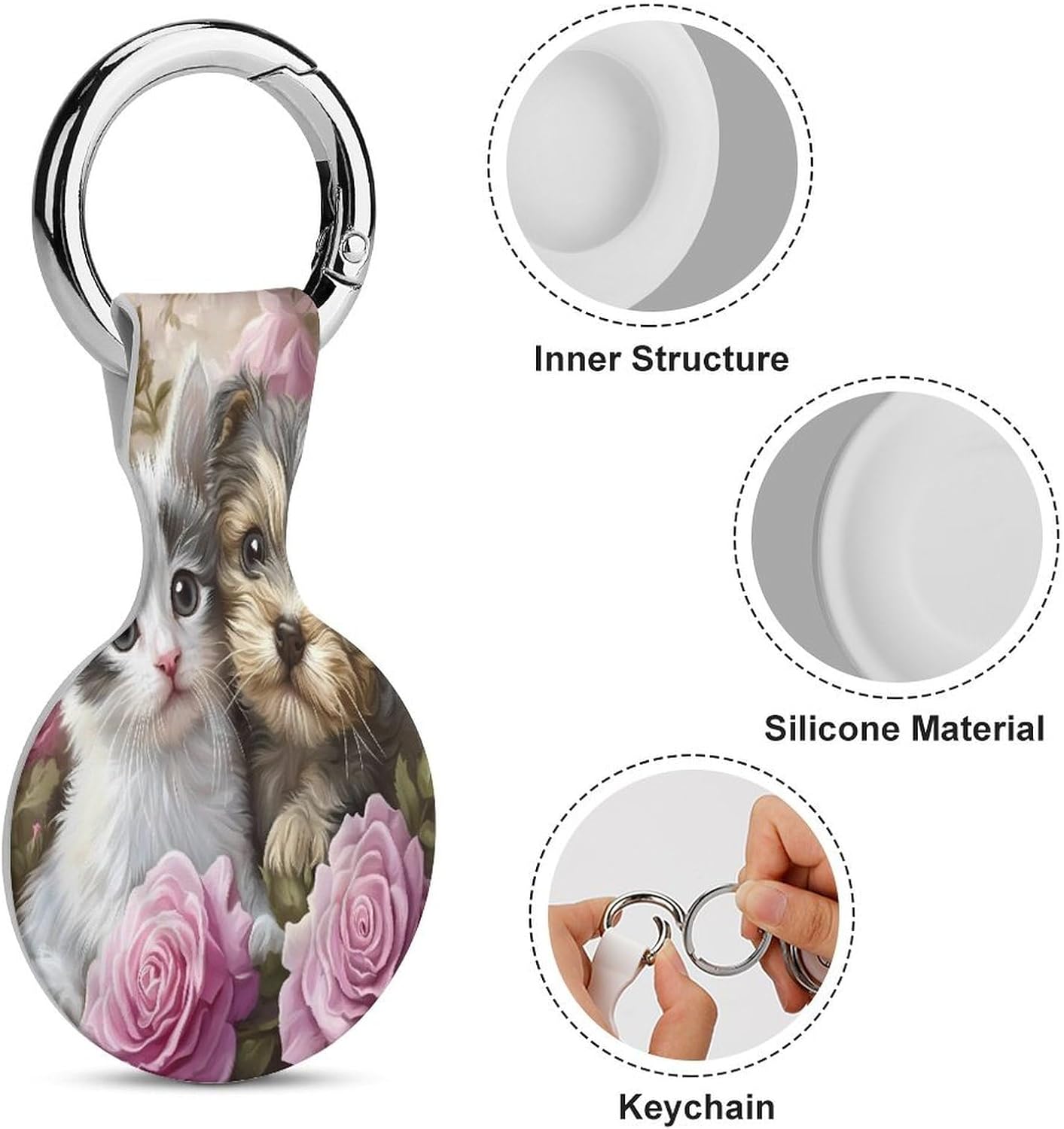 Rose Flower Sweet Love Puppy Kitten Tracker Holder Cover Shockproof Protective Case with Keychain Compatible with Air Tag 4PCS