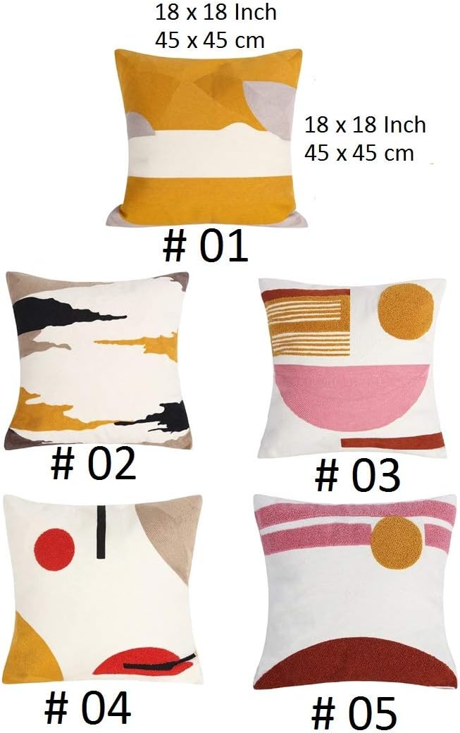 Crewel Embroidery Abstract Decorative Cushion White, Red, Black, Mustard, Yellow, & Tan Throw Pillow Covers 18 x 18 Home Decor # 04