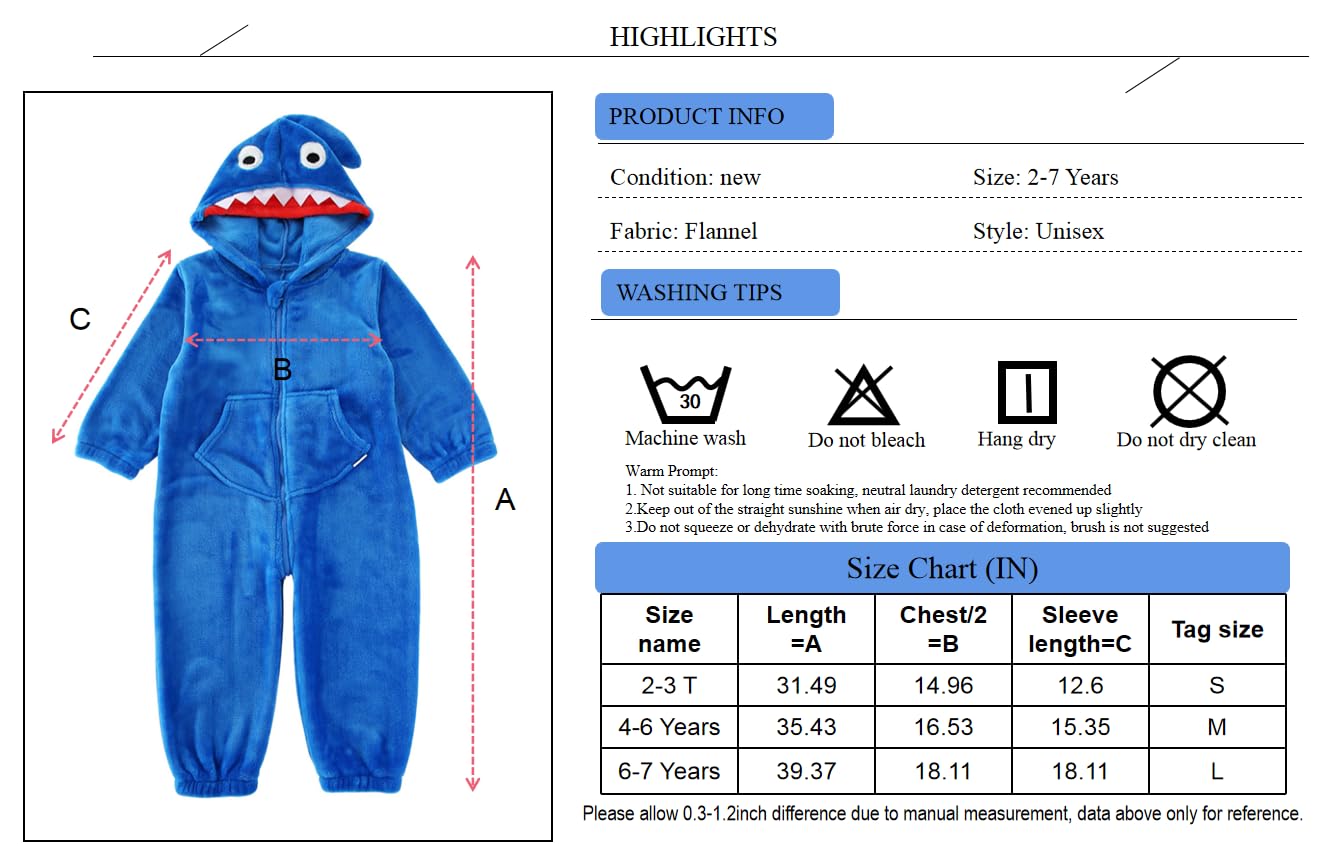LOLANTA Disfraz Tiburón Niño,Buzo de Peluche con Capucha, Azul, 4-6 años, Talla M