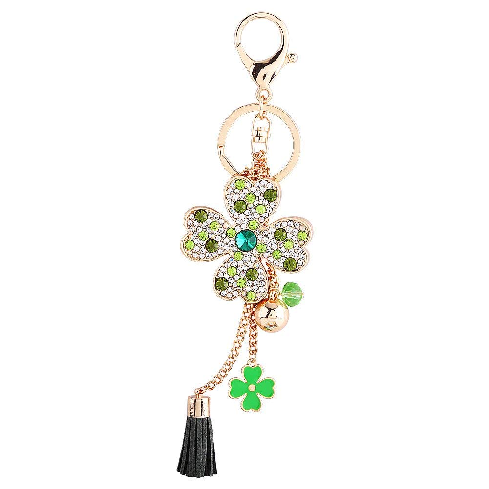 Hztyyier Crystal Four-Leaf Clover Keychain, Car Keys Ring with Tassel, Green Bag Pendant
