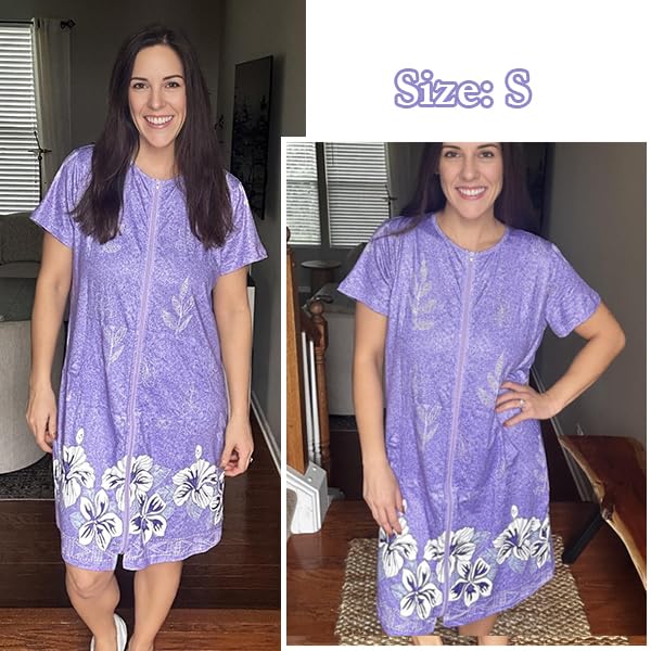 Image of Ekouaer Women Robes Lightweight House Coat Short Sleeve Floral Print Mumu House Dresses with Pockets Zipper Nightgowns