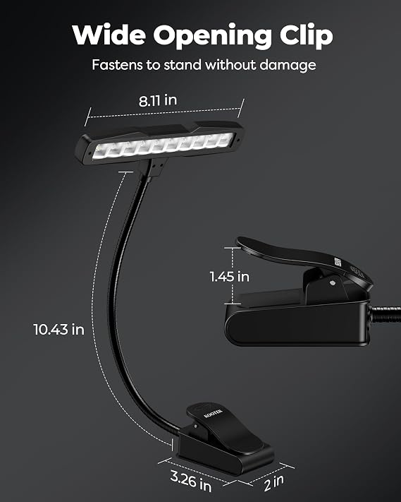 Kootek Music Stand Light Clip-on Piano Lamp Rechargeable Book Light, 10 LED | Adjustable Brightness, 360 Flexible Neck, Clip-on&freestanding, Foldable, for Sheet, Book Reading Orchestra Podium Easel