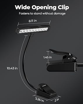Kootek Music Stand Light Clip-on Piano Lamp Rechargeable Book Light, 10 LED | Adjustable Brightness, 360 Flexible Neck, Clip-on&freestanding, Foldable, for Sheet, Book Reading Orchestra Podium Easel