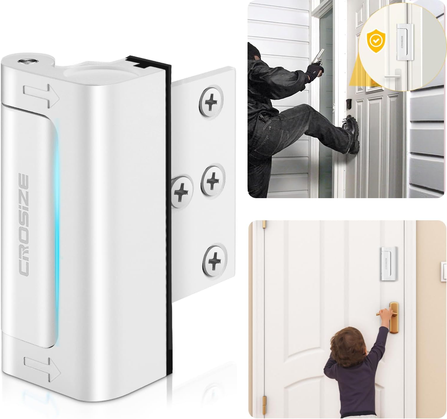 Home Security Door Lock, Upgraded Metal Door Reinforcement Lock, 3" Withstands 1000 lbs of Impact for Inward Swing Doors, Defender Door Locks for Kids Safety, Prevent Unauthorized Entry (White)