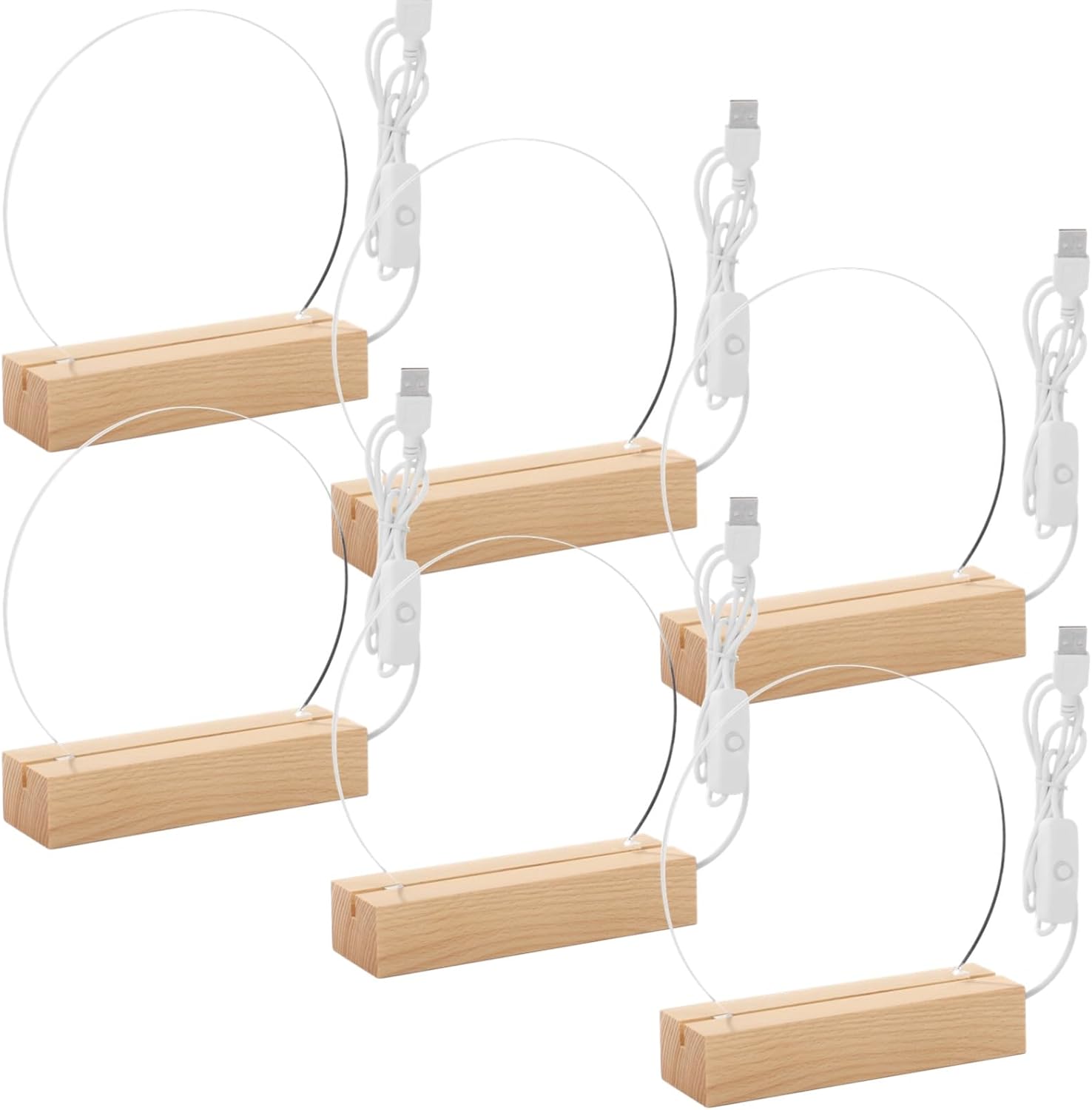 6 Pcs Led Light Base for Acrylic - Led Wooden Display Stands, LED Lamps with Acrylic Sheets, Transparent LED Night Lights with USB Cables, Wooden Bases with Round Boards for Writing, Drawing, DIY, Present