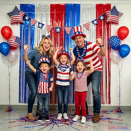 Image of Blue Silver Red Party Streamers - GREATRIL Patriotic Tinsel Foil Fringe Backdrop Decorations for 4th of July Decorations /Independence Day /Memorial Day Party Supplies 3.2ft x 8.2ft 2 PCS