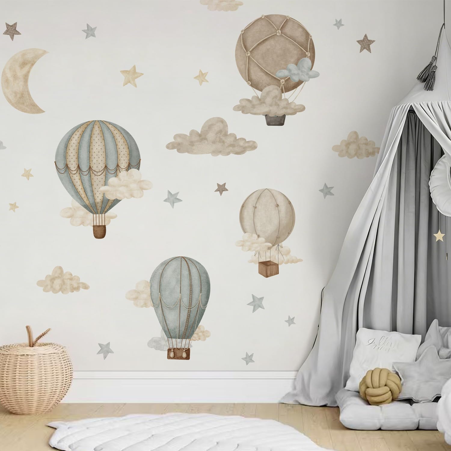 Calcomanía de pared de tela con diseño de globo aerostático de acuarela, estrellas y nubes, calcomanías para bebé, guardería, habitación de niños, decoración de sala de juegos